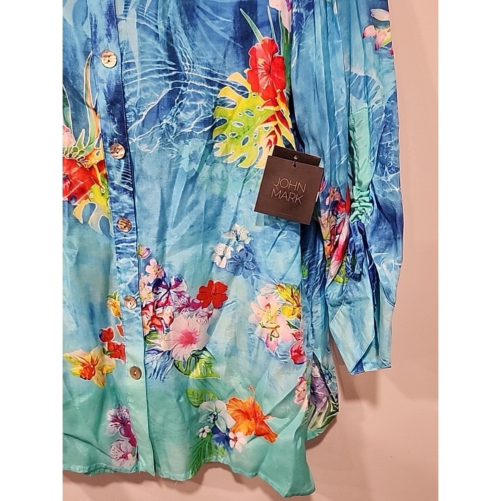 John Mark NWT Woman's 2xl Blue Tropical Button Up Collar Cinch Sleeve Tunic Top - Picture 3 of 9